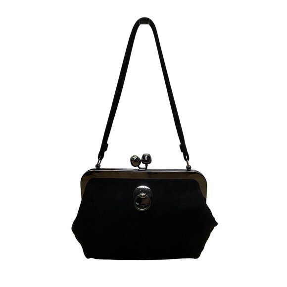 Saber Women’s Black Suede With Silver Metal Frame & Kiss Lock Closure Clutch Bag - Picture 1 of 10